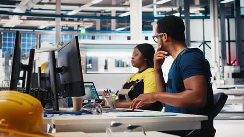 Engineers Collaborating on Computer in Modern Factory