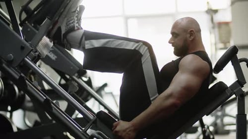 Man Bodybuilder Sideways in the Gym Training on the Machine Concentratedly Exercise for Leg Strength