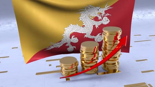 Bhutan Flag With Gold Coins Tower And Up Arrow