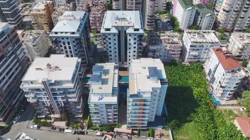 Aerial View Stunning Residential Complex With Pool and Water Slides By the Sea