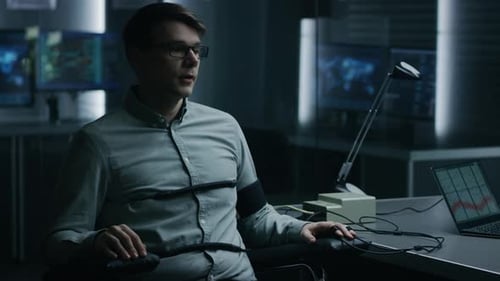 Man Sits Attached to Lie Detector in Dark Room