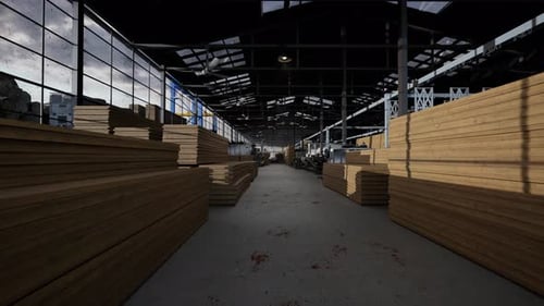 Tablas de madera apiladas en un gran almacén industrial