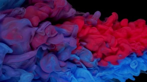 Ink Symphony in Zeitlupe: Blaue und rote Farbtropfen schaffen atemberaubende Kunst auf schwarzem Hintergrund