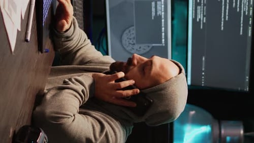 Vertical Video Young Programmer Talking on Phone Call in IT Developing Office