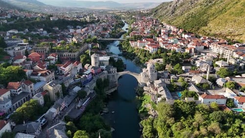 Aerial drone view of Mostar town city bosnia and herzegovina balkan country balkans old bridge Neret