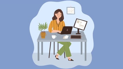 Animated Businesswoman Working on Laptop at Office Desk