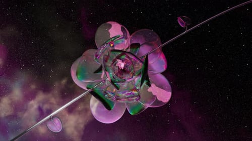 Une fleur abstraite surréaliste aux pétales transparents irisés tourne lentement à travers un univers dynamique