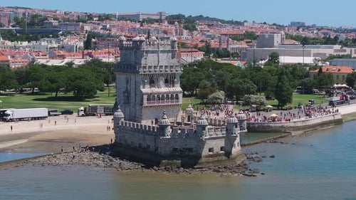 Aerial Close Up View of the Tower of Belem in Lisbon Portugal