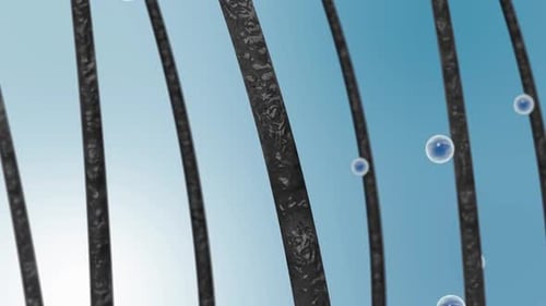 3D animation showing the cleansing of the skin and hair layers using liquid