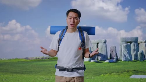 Hombre asiático perplejo que hace gestos con duda y dice por qué en Stonehenge