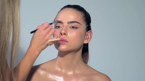 The Artist is Applying Eyeshadow on Her Eyebrow with Brush Perfect Evening Makeup Beauty Girl with
