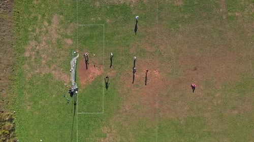 Aerial View Kids Playing Soccer On Green Field In Halifax On A Bright Summer Day