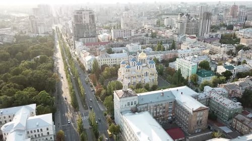 Ukraine,Kyiv,St Volodymyr Cathedral,Footage zooming out from the famous Cathedral on a sunny day,