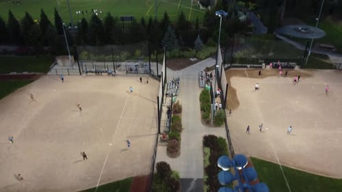 Aerial View of Softball Games in an Urban Park