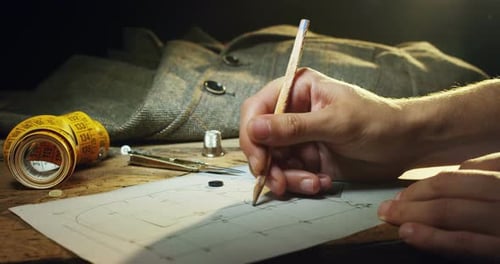 Zeitlupe einer Hand eines jungen Schneiders, der in seiner Studie über das Leben der Zukunft mit einem Bleistift zeichnet