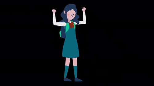 Animated Flat Design Schoolgirl Cheering with Raised Hands