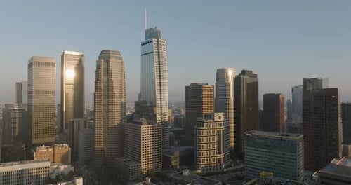a city skyline with tall buildings