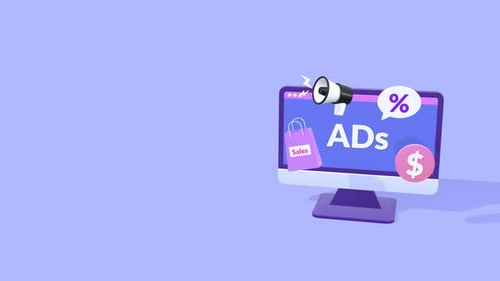 Animated 3D Monitor with Online Ads and Sales Icons
