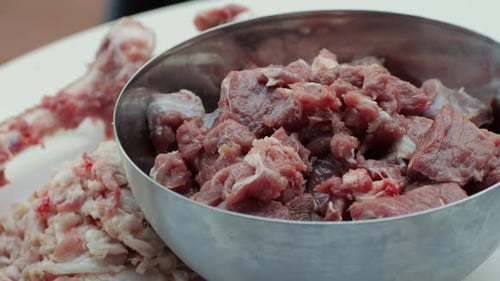 Raw Mutton in Metall Bowl Closeup Muttons Meat for Uzbek Pilaf Turkey Food Chef Preparing a Bif