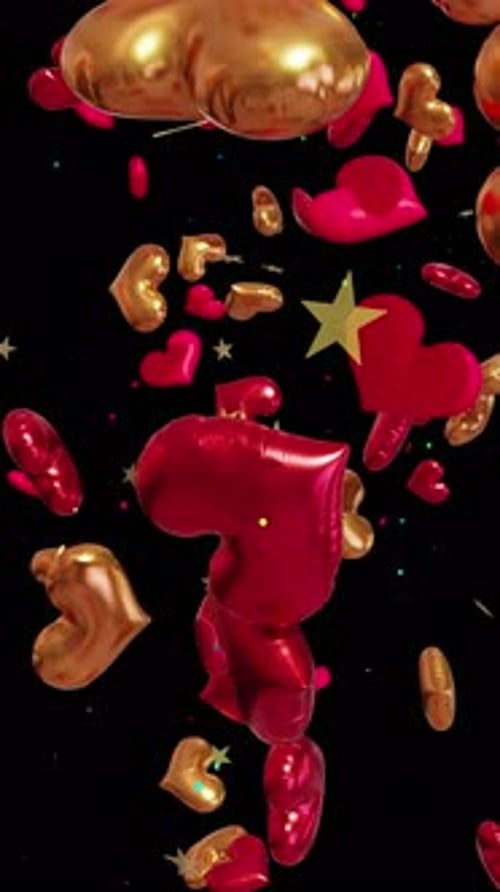 Falling Red and Gold Heart Balloons with Stars and Confetti