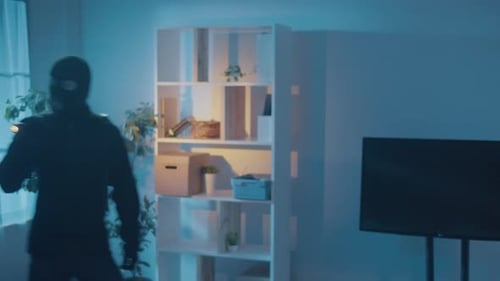 Figures Wearing Masks with Flashlights Inside Home