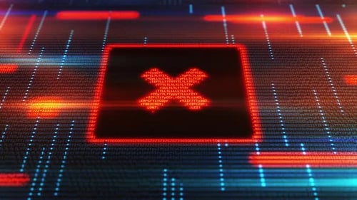 Bouton de la croix rouge brillant sur un affichage numérique avec des caractères aléatoires