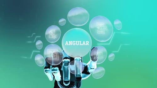 Futuristic Robotic Hand Interacting With Digital Technology Bubbles