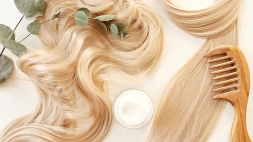 Blond Shiny Wavy Hair on White Background Shiny Woman Hair Strand Curl Hair Care and Beauty Salon