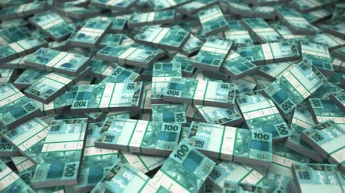Brazilian Real 100 Banknotes Piles Falling Down 3D Animation