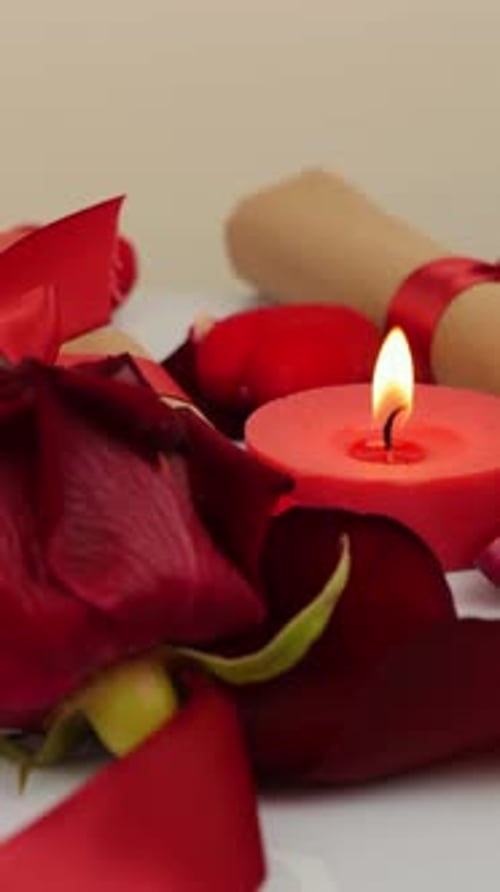 Background with roses, candles and gifts for St. Valentine's Day. Vertical video