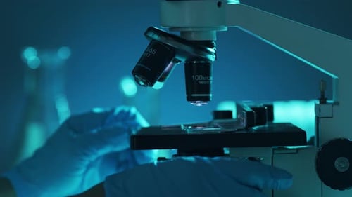 Closeup of Scientific Microscope Laboratory in Hospital Epidemic Disease Healthcare Vaccine Research