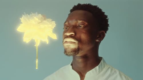 Jeune homme afro-américain regardant une fleur magique en lévitation dans l'air