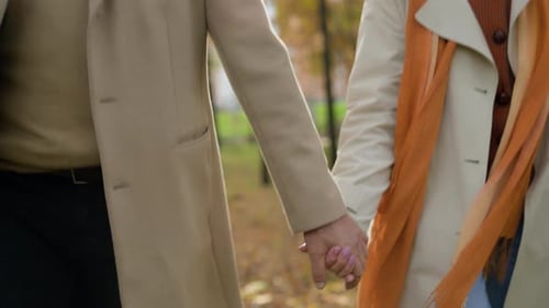 Couple Retired Male Female Holding Hands Walking in Autumn Nature Park Caucasian 60s Woman Man Happy