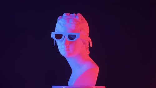 Closeup Shot Ancient Marble Bust Statue of Roman Era Woman in 3d Glasses Spinning on a Platform in