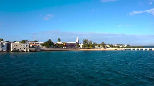 Aerial view of Church and buildings, Mozambique.
