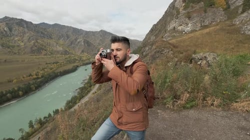 Hiker Tourist Traveler Man Photography Making Photo Mountain River Hiking Travel Landscape Nature