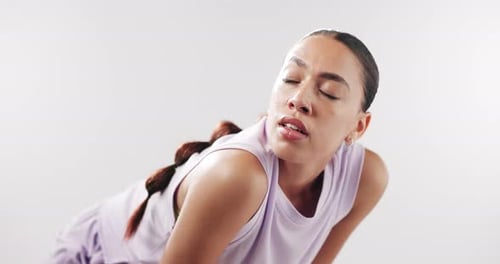 Breathe, thinking and woman in studio rest for exercise, workout and training on white background