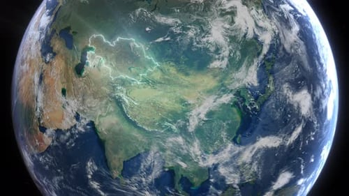 Realistic Earth Orbit and Zoom Glowing Borders Kazakhstan