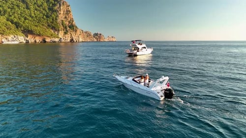 Sports Boat Sails and Makes Beautiful Turns Aerial View 4 K