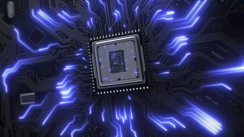 Computer-CPU mit anschließenden Neonsignalen. Motherboard und Mikrochip aus nächster Nähe.