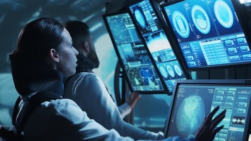 Team of Astronauts in a Space Suits Aboard the Orbital Station A Crew of Cosmonauts Piloting the