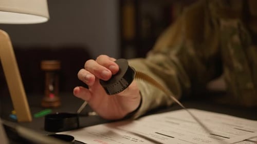 Man Loads Film Canister at Desk