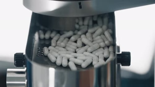 White capsules fall from a metal conveyor
