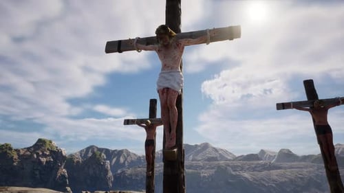 Crucifixion Scene with Three Crosses on Rocky Hill
