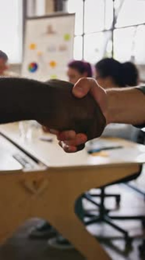Business Agreement Close Up Shot of Black and White Partners Handshaking After Meeting in Office