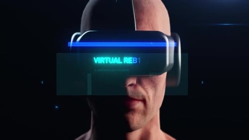 vr technology. immersive animation. close-up portrait of a man in a vr helmet with hologram elements