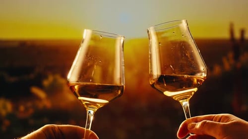 Orange or White Wine Bottle and Glass Against a Sunset in a Peaceful Vineyard Pouring of Ecological