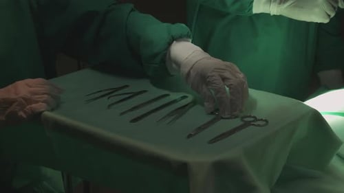 Surgical tools on a sterile table in operating room