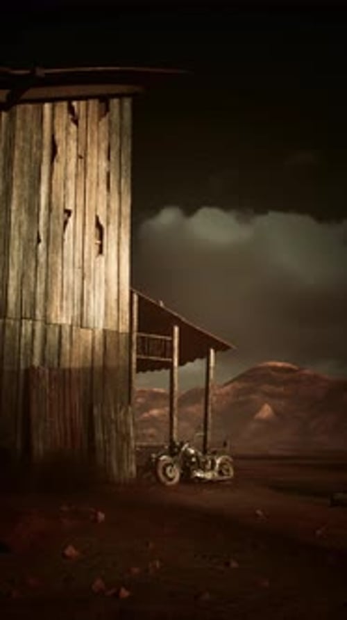 Motorcycle Parked in Front of Wooden Building