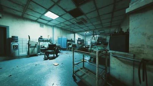 Unoccupied Emergency Unit Featuring Disorganized Carts and Broken Ceiling Panels